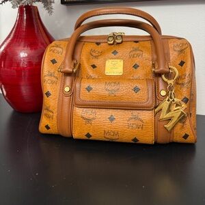 MCM Cognac Visetos Satchel with Gold Hardware